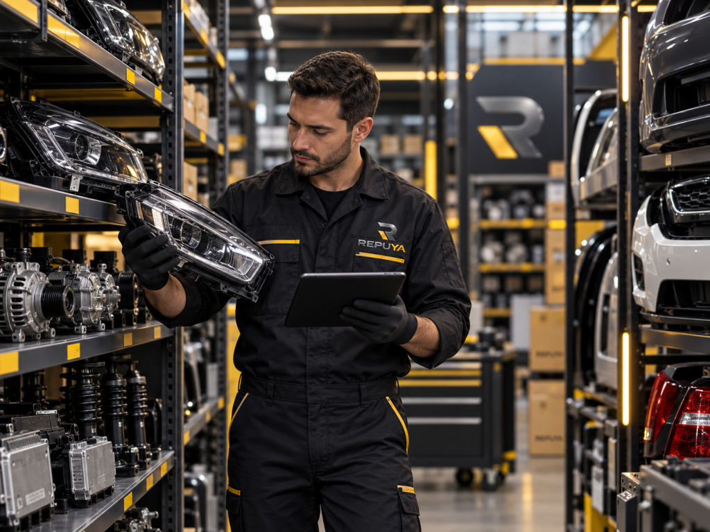 Técnico de RepuYa inspeccionando un faro en almacén de repuestos automotrices con inventario de autopartes y piezas de carrocería.